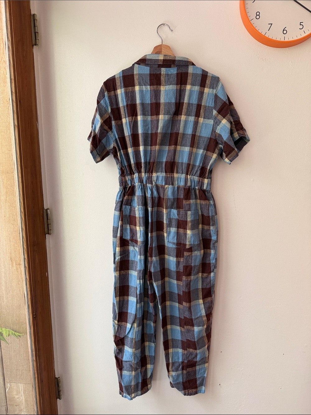 Rujuta Sheth Short-Sleeve Plaid Jumpsuit in Blue and Brown - Picture 5 of 5